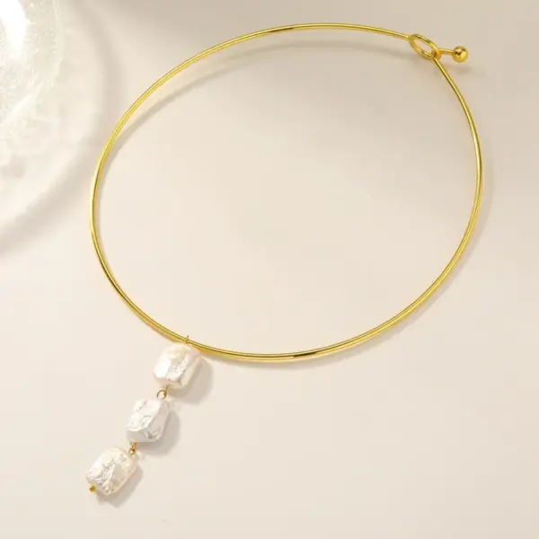 Wholesale 304 Stainless Steel Irregular Geometric Vacuum Electroplating (In Furnace) Plated 18K Real Gold Freshwater Pearl Tubular Collar