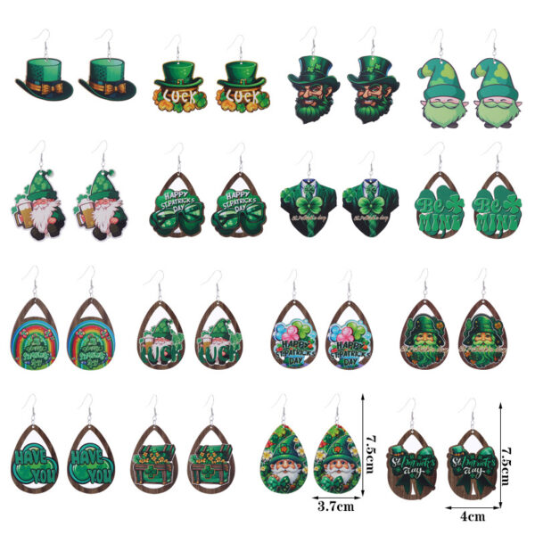 oly-7b0aff7242384b0f6e056e2940928a33 Wholesale st. Parcret festival earrings Green lucky grass rainbow hat beard Irish wooden earrings tide