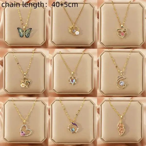 Wholesale Lady Heart Shape Flower Titanium Steel Plating Inlay Zircon Gold Plated Pendant Necklace