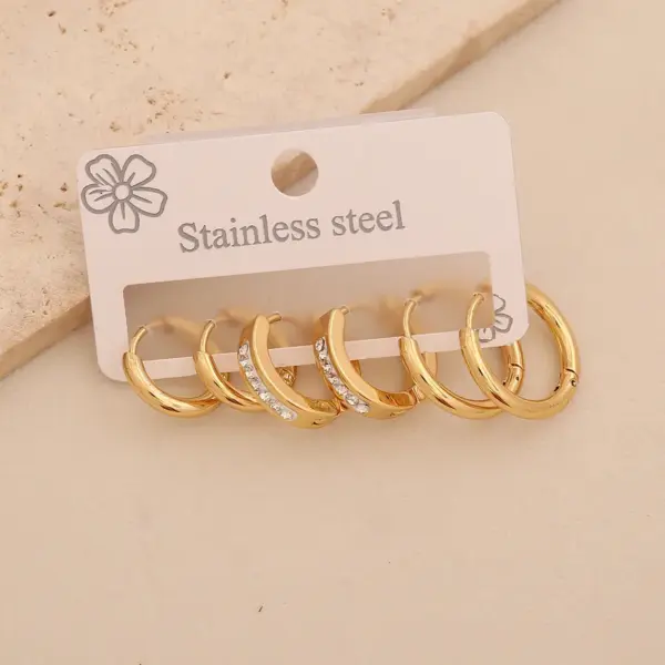 Wholesale 3 Pairs Of Rhinestone Plain Hoop Earrings, Light Luxury Titanium Steel Studs, High-End Versatile 304 Stainless Steel Vacuum Electroplated (Fired) 18K Real Gold Plated Elegant Earrings