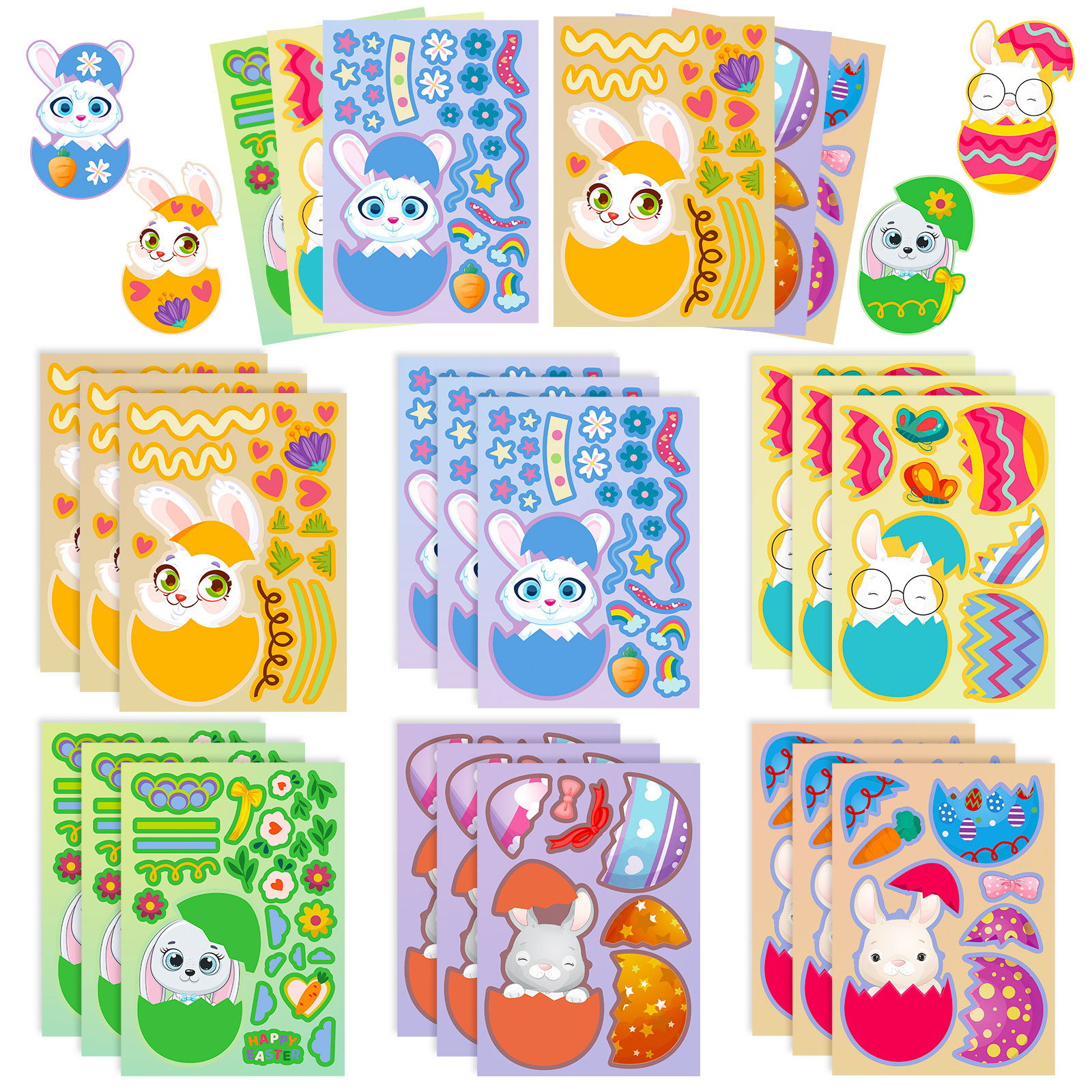 Wholesale Big Sale 6 Sheets/Pack Easter Day Cartoon Rabbit Egg Stickers Easterday Egg Rabbit Kidsren's DIY Puzzle