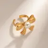 Wholesale Jewelry Elegant Classic Style Butterfly Bow Knot 304 Stainless Steel Artificial Pearls PVD Coated Plating Open Rings