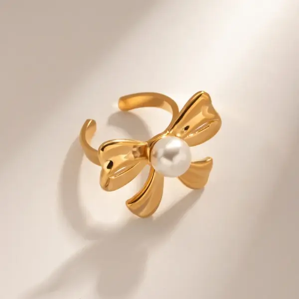 Wholesale Jewelry Elegant Classic Style Butterfly Bow Knot 304 Stainless Steel Artificial Pearls PVD Coated Plating Open Rings