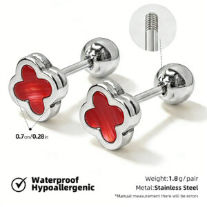 Steel color stainless steel screw-back stud earrings with clover and red shell inlay (priced per pair, 12 pairs per pack) / [full body stainless steel material] [mirror polished furnace vacuum plating] [waterproof and non-fading]