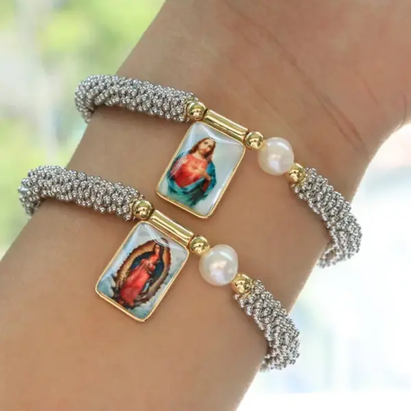 Wholesale Women’s Cross Pearl Bracelet With Beaded Chain, Copper Base, 18K Real Gold Plated And PVD Coated Finish