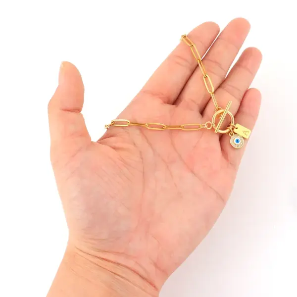 Wholesale Vintage Demon Rectangle Initial OT Buckle Pendant Gold 201 Stainless Steel Paperclip Chain Women's Necklace Demon Eye Universal Electroplated Zircon
