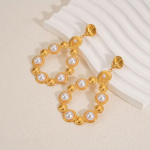 Wholesale Imitation Gold Plated 304 Stainless Steel Water Plated Artificial Gemstone Water Drop Hollow Vacuum Electroplated Waterproof Non-Fading Earrings For Women