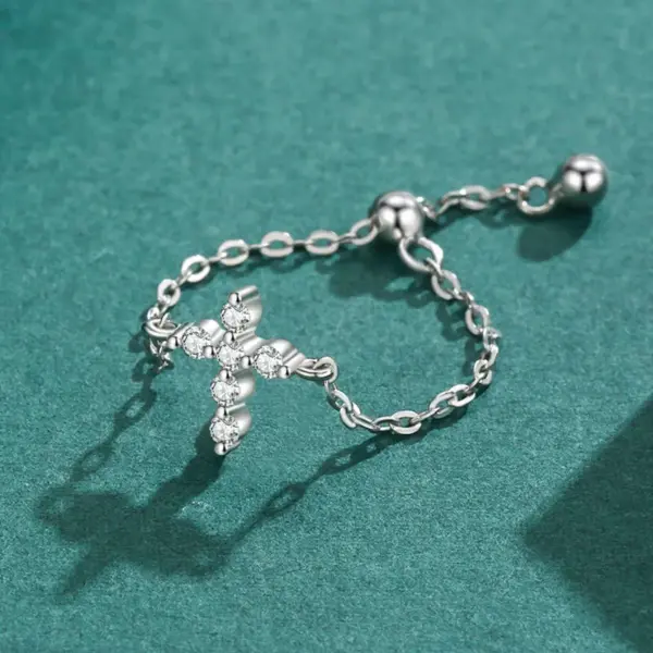 Wholesale 925 Sterling Silver Women's Cross Ring Micro Pave Diamond Adjustable Chain Design Geometric Pattern Tokyo Style Jewelry
