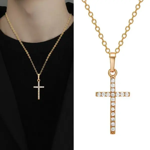 Wholesale Unisex Cross Pendant Necklace In Copper With Rhinestones, Electroplated Finish, Featuring A Durable Cable Chain