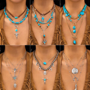 Wholesale Zinc alloy turquoise necklace, vacation style, beaded, vintage Western cowboy multi-layer necklace
