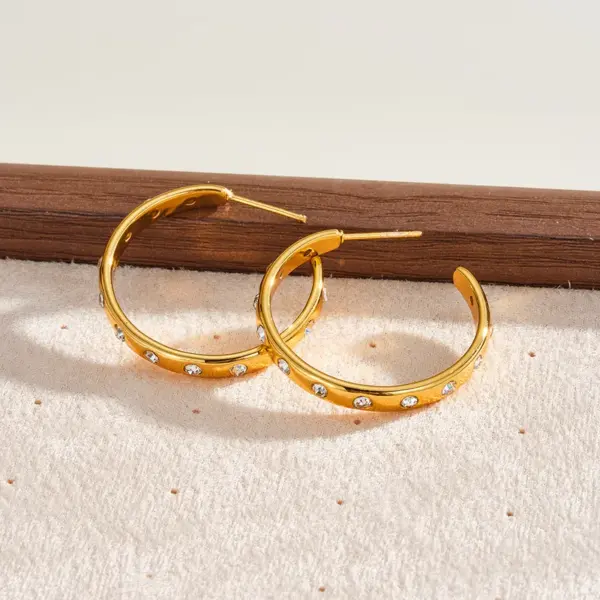 Wholesale Handmade C Shape Earrings For Women In 304 Stainless Steel With 18K Real Gold Plated Water Plating And Rhinestone Inlay