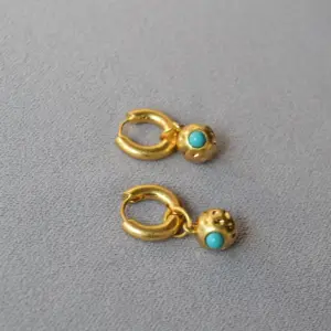 Wholesale Retro Faux Aged Texture Copper Ball Embedded Turquoise Elegant Personality Women's Earrings French Design Specialty Jewelry