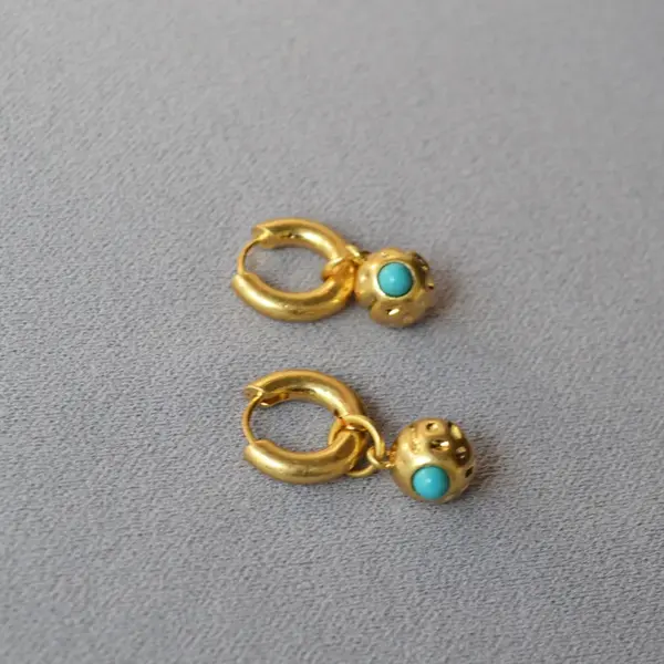 Wholesale Retro Faux Aged Texture Copper Ball Embedded Turquoise Elegant Personality Women's Earrings French Design Specialty Jewelry