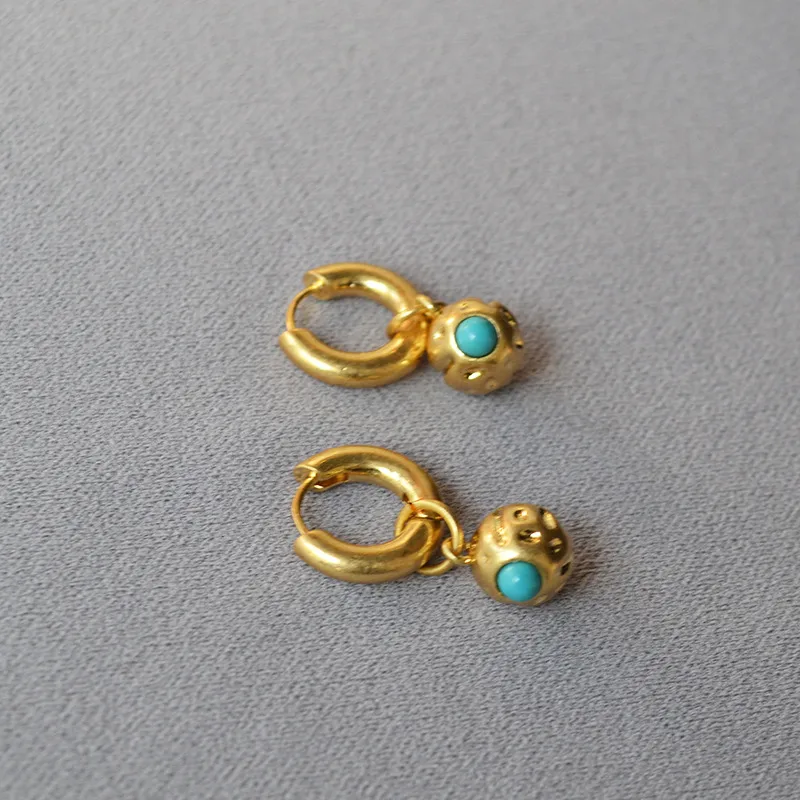 Wholesale Retro Faux Aged Texture Copper Ball Embedded Turquoise Elegant Personality Women's Earrings French Design Specialty Jewelry