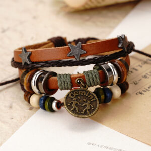 Wholesale Twelve Constellation Bracelet Red Agate Bracelet Punk Vintage Women and Men's Rivet Jewelry Korean Unique Multi-layer