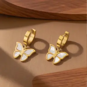 E03011-White Shell Butterfly Earrings- Gold