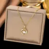 Wholesale Women’s Circle Pendant Necklace With Artificial Rhinestones Inlay, 18K Real Gold Plated Copper, Water Plating On Cable Chain