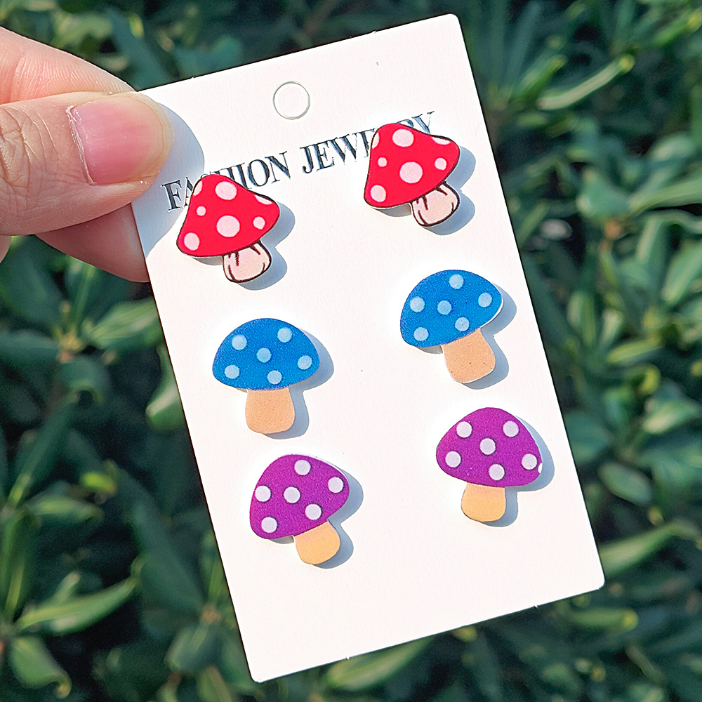 Wholesale European and American New 3-piece Creative Mushroom Earrings Handmade Multicolor Polo Mushroom Umbrella Skirt Pendant Acrylic Earrings