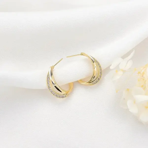 Wholesale C Shape Stud Earrings For Women Featuring 925 Sterling Silver Posts With 14K Real Gold Plated Copper And Zircon Inlay