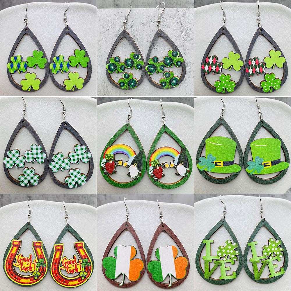 Wholesale Cross-border Innovative St. Puckett Festival Earrings Clover Green Rainbow Dwarfs Irish Wooden Earrings