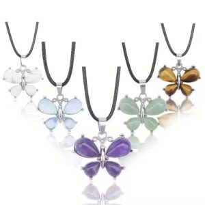 oly-7e2792bf0ed52a69022e52832f215d41 Wholesale Crystal Butterfly Pendant Amethyst Tiger Eye Natural Stone Vintage Pendant Necklace Accessories