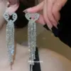 Wholesale Heart Shape Stud Earrings For Women Featuring Silver Copper Tassel Design With Rhinestones And 304 Stainless Steel Posts