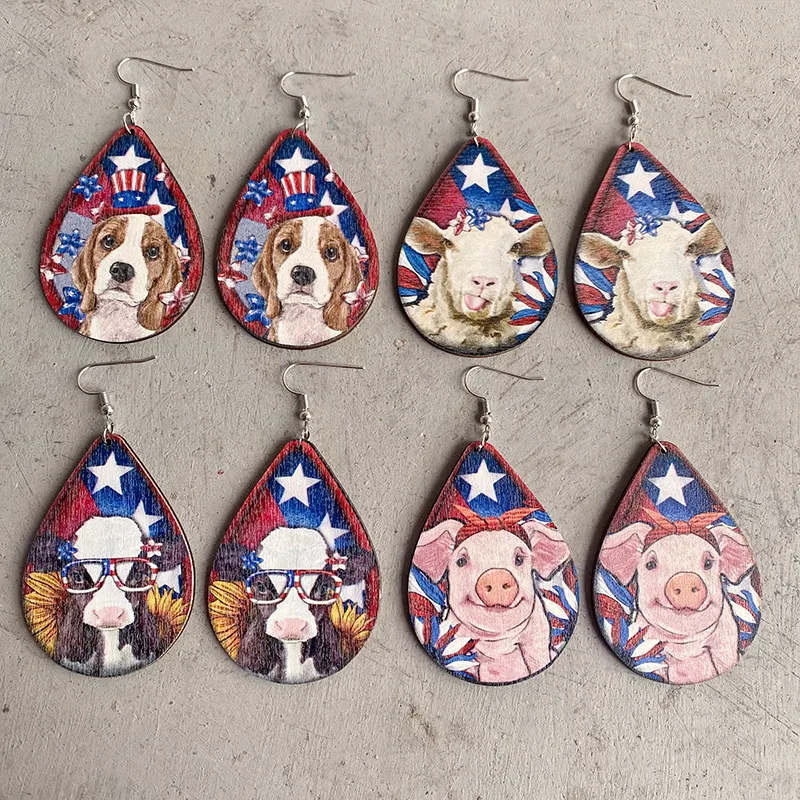 Wholesale Fun Design Wooden Animal Earrings Patriotic Farm Pig Dog Cow Wooden Studs Unique Style Jewelry Accessories