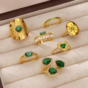 Wholesale Elegant Natural Stone Open Stainless Steel Ring Vintage Style Zirconia Finger Ring Luxury Sensation