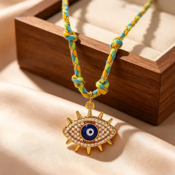 Wholesale Devil's Eye Pendant Necklace For Women, 304 Stainless Steel With 18K Real Gold Plated PVD Coating, Zircon Inlay, Twisted Rope Chain