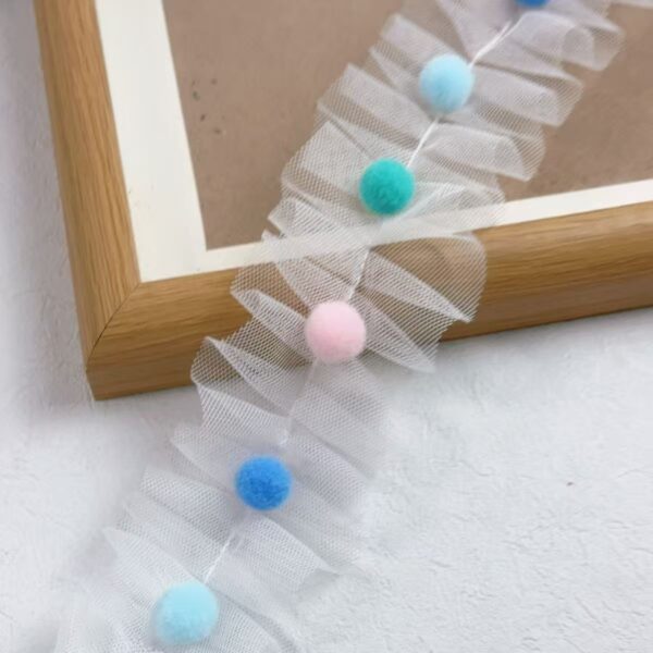 Wholesale 5cm wide color pompom pleated mesh stereo lace candy color wool ball handmade DIY decorative material