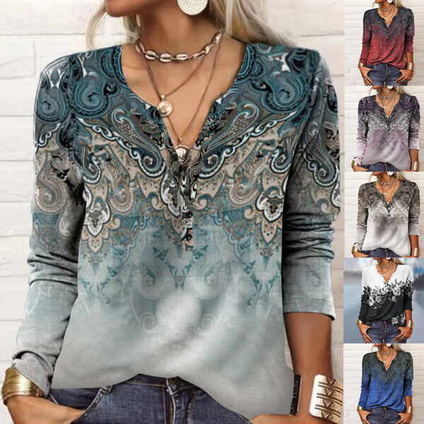 Wholesale autumn and winter women’s long sleeve printed national fashion T-shirt women
