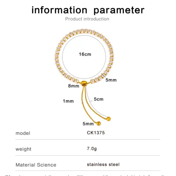 Wholesale Adjustable French Style Full Drill 5mm Oval Zircon Single Row Women's Bracelet Elegant Travel Jewelry Stainless Steel 18K Gold Plated