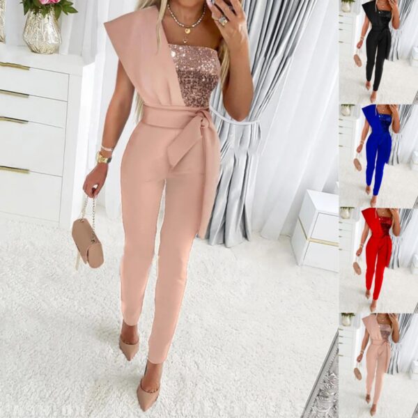 oly-7f90115b6bf3f3d0e31d386019dc157c Wholesale printed jumpsuit solid color sleeveless belt decorative jumpsuit slim-fit stitching bead women’s clothing