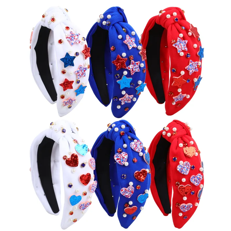 Wholesale Wide Headband American Independence Day Pearl Rhinestone Fabric Heart-shaped Sequin Star Headband Hair Accessory