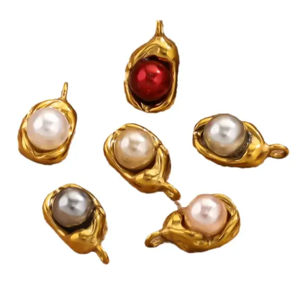 Wholesale 5 PCS/Package Stainless Steel Artificial Pearls PVD Coated Real Gold Plated Solid Color Pendant DIY Jewelry Accessories
