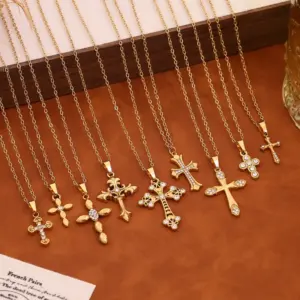 Wholesale Hypoallergenic Women's Cross Pendant Necklace In 304 Stainless Steel With 18K Gold Plated PVD And Rhinestone Inlay