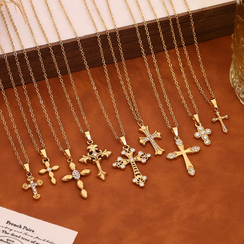 Wholesale Hypoallergenic Women's Cross Pendant Necklace In 304 Stainless Steel With 18K Gold Plated PVD And Rhinestone Inlay