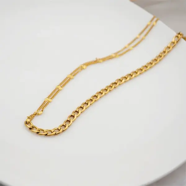 Wholesale Ferroalloy Solid Color Vacuum Plating Real Gold Plated Simple Style Waterproof Non Tarnish Patchwork Cuban Link Chain Gold Necklace