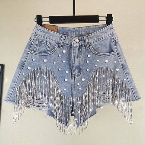 oly-8070a4216b5532b150e02149f2b30326 Wholesale Women's Shorts Ripped Tassel Chain Pearl Sexy Women's Denim Shorts for Women
