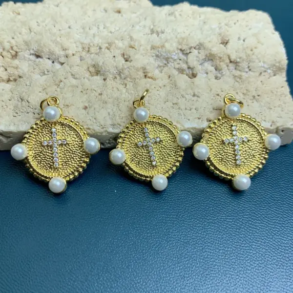 Wholesale 1 Piece Copper Artificial Pearls Rhinestones Cross