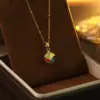 Wholesale Colorful Cube Pendant Necklace Women's Fashion Lightweight Luxury Dopa Cat's Eye Stone Clavicle Chain Geometric Pattern Alloy Copper Jewelry