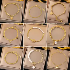 Wholesale PVD Coated Real Gold Plated Geometric Heart Shape Titanium Steel Classic Style Waterproof Non Tarnish Slider Clasp Closure Lobster Trigger Bracelets