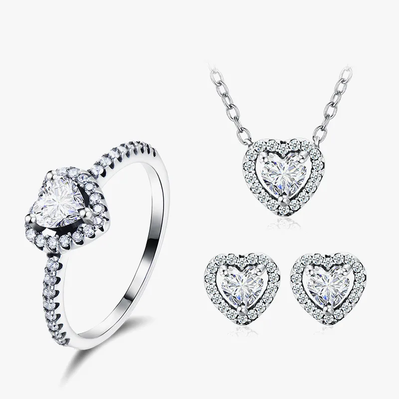 Wholesale Holiday Engagement 925 Sterling Silver Women'S Zircon Silver Rhodium Plated Heart Shape Rings Earrings Necklace