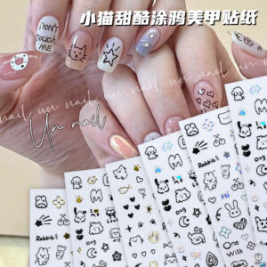 Wholesale Trendy Graffiti Nail Stickers Cartoon Letter Rabbit Decals Hand-Painted Cat and Puppy Nail Stickers Ins Style
