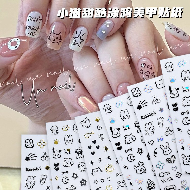 Wholesale Trendy Graffiti Nail Stickers Cartoon Letter Rabbit Decals Hand-Painted Cat and Puppy Nail Stickers Ins Style