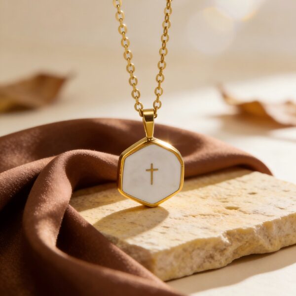 Wholesale Stainless steel electroplated blue jasper cross pendant necklace, titanium steel colorfast jewelry