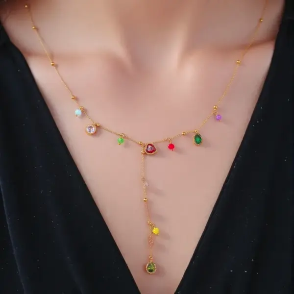 Wholesale 1-piece Gold Stainless Steel Material Gold Colorful Diamond Heart Stone Holder Water Drop Tassel Colorful Bead Positioning Women's Fashion Necklace Suitable For Banquets And Parties