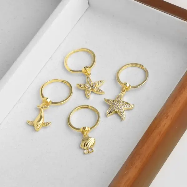Wholesale AS Jewelry Hot Sale Full Zircon Copper Plated 18k Gold Ocean Style Starfish Whale Ring Rin82