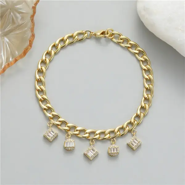Wholesale Unisex Geometric Necklace With Zircon Inlay, 14K Real Gold Plated Copper, Featuring Electroplated Finish And Snake Chain