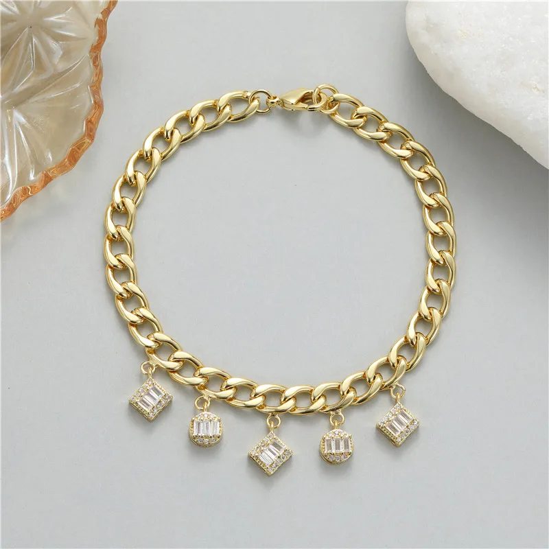 Wholesale Unisex Geometric Necklace With Zircon Inlay, 14K Real Gold Plated Copper, Featuring Electroplated Finish And Snake Chain